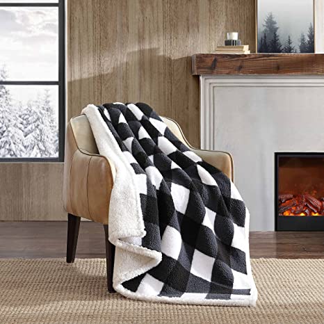 Eddie Bauer - Throw Blanket, Reversible Sherpa Bedding, Buffalo Plaid Home Decor for All Seasons (Black Check, Throw)