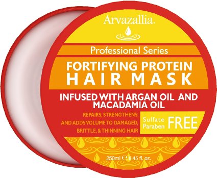 Fortifying Protein Hair Mask and Deep Conditioner with Argan Oil and Macadamia Oil By Arvazallia - Hair Repair Treatment for Damaged  Brittle  or Thinning Hair - Promotes Natural Hair Growth
