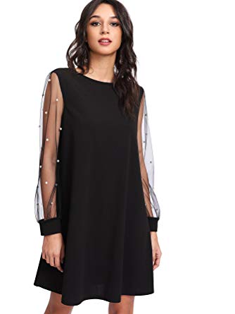 DIDK Women's Velvet Tunic Dress with Embroidered Floral Mesh Bishop Sleeve