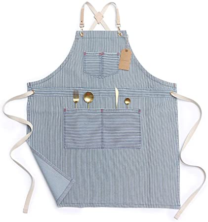 Jeanerlor Blue Striped Denim Aprons for Women and Men - Jean cross back apron adjustable neck unisex with Four Pockets for Barista, Chef, Barber, Painter and Gardener, Adjustable M to XXL
