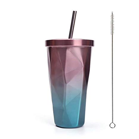 Travel Coffee Cup with Straw Insulated Tumbler Gradient Stainless Steel Mug Office Cold Cup Car Drinking Cups Water Bottle 16oz/473ml All Seasons Available (Purple&Blue)