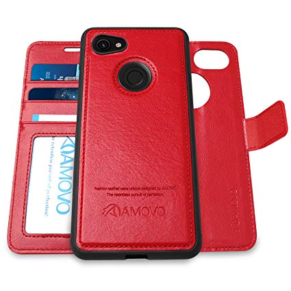 Pixel 3a XL Wallet Case [2 in 1] AMOVO Detachable Folio Case for Google Pixel 3a XL [Vegan Leather] [Card Slot] [Magnetic Clasp] Flip Case for Google 3a XL with Gift Box Package (3A XL, Red)