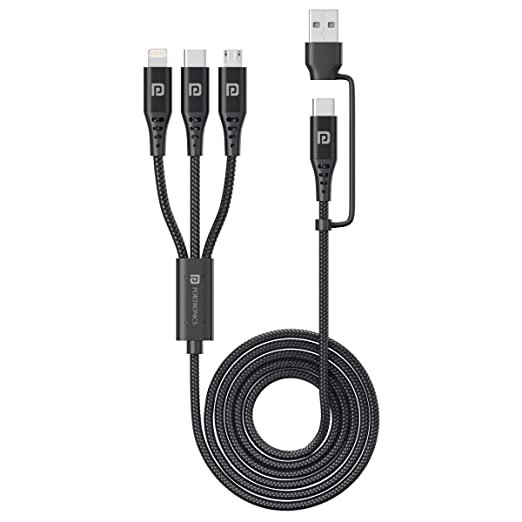 Portronics Konnect J9 3-in-1 (Type C   8Pin   Micro USB) Cable with Changeable USB Head with 3.0 A Fast Charge, 1.5M Cable Length(Black)