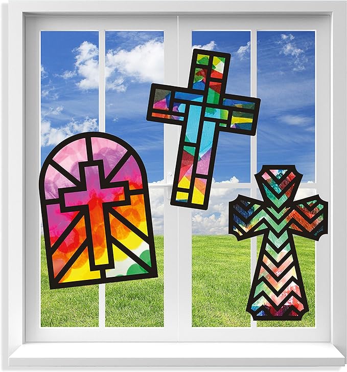 Suncatchers Craft 3 Sets (9 Cutouts) w Tissue Papers Stained Glass Effect Paper Sun Catcher Kit, Window Art, Classroom Crafts, Creative Art Projects, Kids Party Favors (Cross)