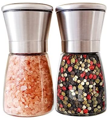 Set of 2 Pepper Salt Grinders, Adjustable Coarseness Manual Refillable Wide Opening Glass Body Mill，Premium Ceramic Rotor Mechanism Shakers, Upgrade Brushed Stainless Steel Top with Lid