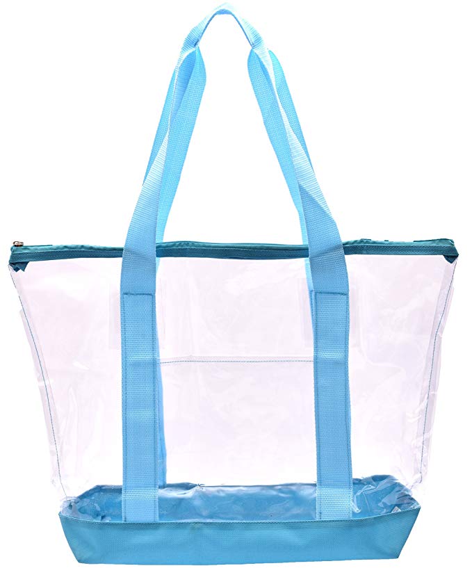 Clear Tote Bag - Top Zipper Closure, Long Shoulder Strap and Attractive Fabric Trimming. Perfect Transparent Travel Tote for all Places and Events where Clear Bags are Required.