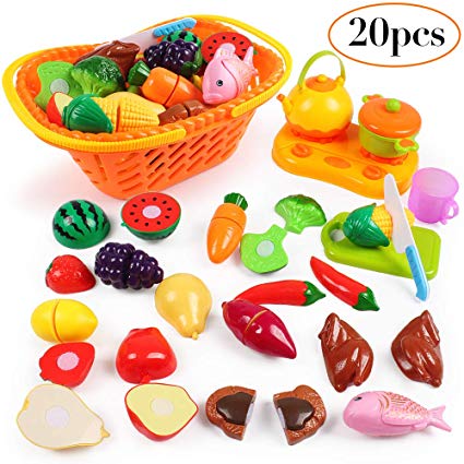 KIDCHEER Pretend Play Food Kit, Early Learning Play Kitchen Kids Set Cutting Fruits and Vegetables Educational Cooking Toys for Boys and Girls