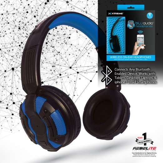 Rebelite Blu Audio Bluetooth Wirless Headphones w Powerful Sound and Conference Call Hands-Free Microphone for iPhone iPod iPad Samsung Galaxy and other smart phones and mp3 players Beautiful Blue