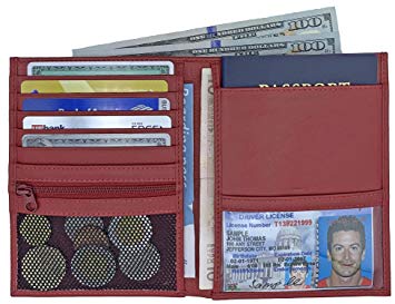 Red RFID Blocking Genuine Leather Travel Passport Wallet Holder