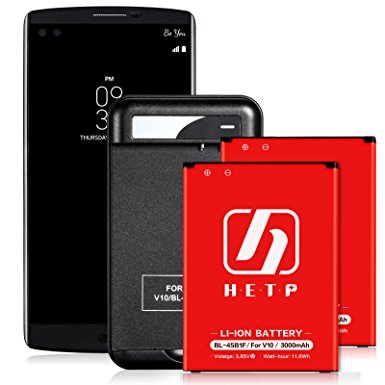 LG V10 Battery HETP 2 X 3000mAh Li-ion Spare Battery for V10 BL-45B1F, H901 T-Mobile, H900 AT&T, VS990 Verizon, H960A, LS992 Sprint LG V10 Replacement Battery & Travel Wall Charger-18 Month Warranty