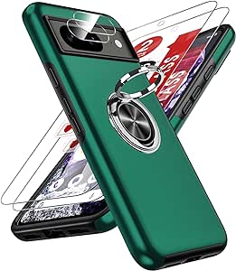 LeYi for Google Pixel 8 Case: and 2 Tempered Glass Screen Protector &2 Camera Lens Protector, with 360 Ring Holder Stand Magnetic Shockproof Heavy Duty Protective Phone Cover for Google Pixel 8 Green