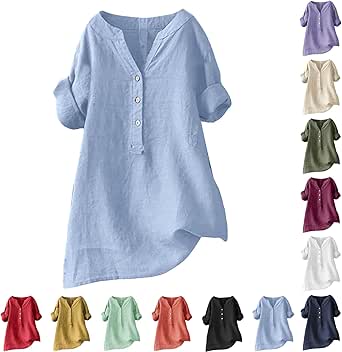 Cotton Linen Shirts for Women 2024 Casual Gauze Shirts Buttons V Neck Short Sleeve Womens Tops Trendy Dressy Blouses