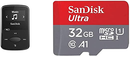 SanDisk 8GB Clip Jam MP3 Player, Black - microSD Card Slot and FM Radio - SDMX26-008G-G46K & Ultra 32GB MicroSDHC UHS-I Card with Adapter - 98MB/s U1 A1 - SDSQUAR-032G-GN6MA
