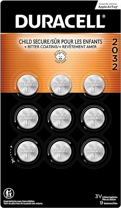 Duracell CR2032 3V Lithium Battery with Child Safety Features, 2032 Battery Lithium Coin Battery Compatible with Apple AirTag, Key Fob, and Other Devices, CR Lithium 3 Volt Cell - 9 Count Pack