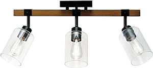 Globe Electric 57502 Austin 3-Light Track Lighting, Faux Wood, Matte Black Accents, Clear Glass Shades