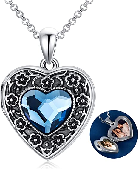 Heart Locket Necklace That Holds Pictures Sterling Silver Flower Lockets Jewelry for Women with Swarovski Crystals - Always in My Heart