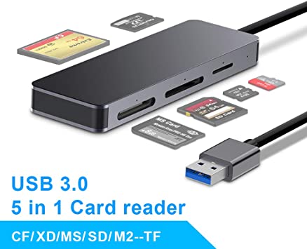 SD Card Reader USB 3.0 Multi-Card Reader, Rocketek 5 in 1 USB 3.0 Memory Card Reader Adapter 5Gbps Read 5 Cards Simultaneously for SD/M2/XD/CF/TF(Support MS Card) for Mac OS,Windows,Linux,Chrome