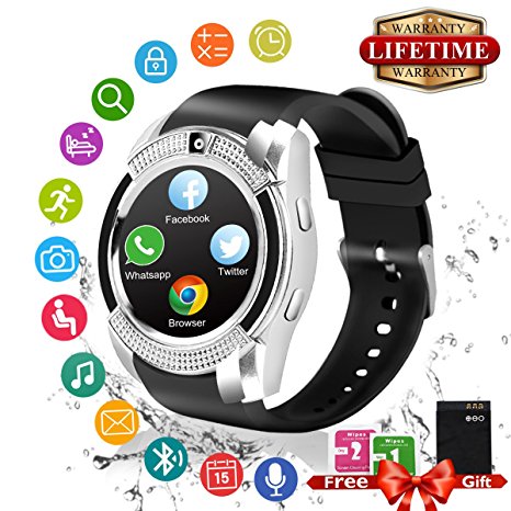 Bluetooth Smart Watch With Camera Touch Screen Smartwatch Phone Unlocked Watch Cell Phone With Sim Card Slot Smart Wrist Watch Pedometer Fitness Tracker For Android Phones Samsung IOS Iphone 7 Plus 6S Iphone 8 Men Women Kids (Sliver)