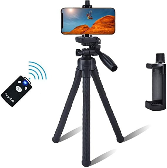 Fugetek Flexible Legs Camera Phone Stand Holder Tripod, FaceTime, Video Calls, Pan Tilt Head, Wireless Bluetooth Remote, Waterproof, iPhone XR/XS Max, XS/X, 8/8P, Android Samsung Galaxy, (Black)