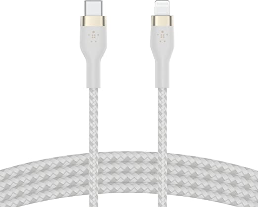 Belkin BoostCharge Pro Flex Braided USB Type C to Lightning Cable (2M/6.6ft), MFi Certified 20W Fast Charging PD Power Delivery for iPhone 13, 12, 11, Pro, Max, Mini, SE, iPad and More - White