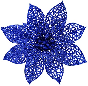 Supla 24 Pack Christmas Blue Glitter Poinsettia Flowers Picks Christmas Tree Ornaments 5.9" Wide for Blue Christmas Tree Wreaths Garland Holiday Seasonal Wedding Decorations White Gift Box Included