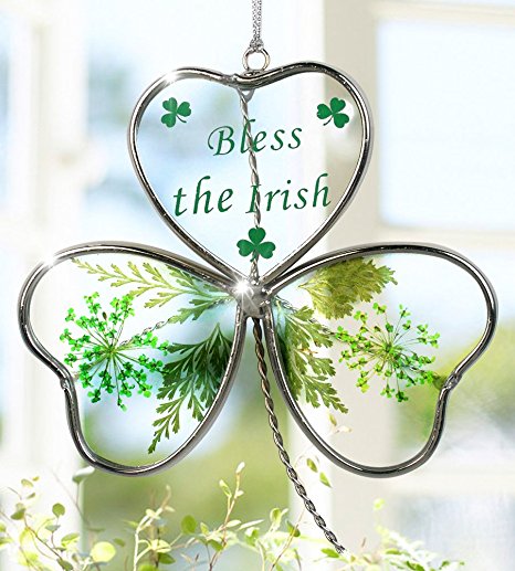 Shamrock - Garden Suncatcher - Pressed Flowers Inside a Glass Shamrock - Bless the Irish Printed on the Glass – St Patrick’s Day Decoration, Irish Gift, Mom, Mother-in-law, In-law Gift, Irish Family, Garden