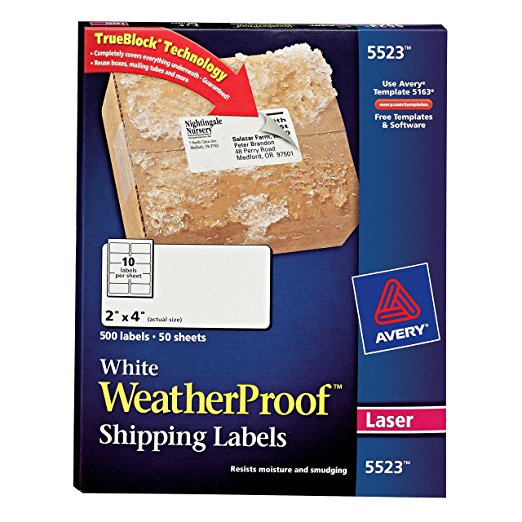 Avery WeatherProof Mailing Labels with TrueBlock Technology for Laser Printers 2" x 4", Box of 500 (5523)