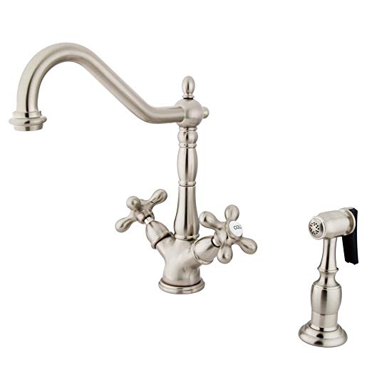 Elements of Design ES1238AXBS New Orleans 2-Handle Deck Mount Kitchen Faucet with Brass Sprayer, 8- 1/2", Satin Nickel
