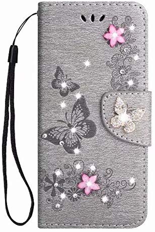 Samsung Galaxy A8 2018 Bling Beautiful Case, Flower Big Butterfly Pattern Premium PU Leather Flip Magnetic Snap Book Style Wallet Case [Card Slots] [Hand Strip] Multi-Function Design Cover (grey, Galaxy A8 2018)