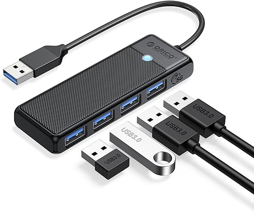 USB 3.0 Hub, ORICO 4-Port USB Hub, Ultra Slim USB Splitter for Laptop for MacBook, Mac Pro, iMac, Surface Pro, XPS, PS5，PC, Flash Drive, Mobile HDD(Black/0.5ft)