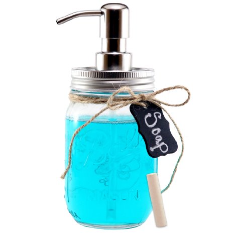 Ball Mason Jar Soap Dispenser & Chalkboard Tag by Country Pear: Stainless Steel Chrome & Rust Proof Coating (Incl Glass Jar)