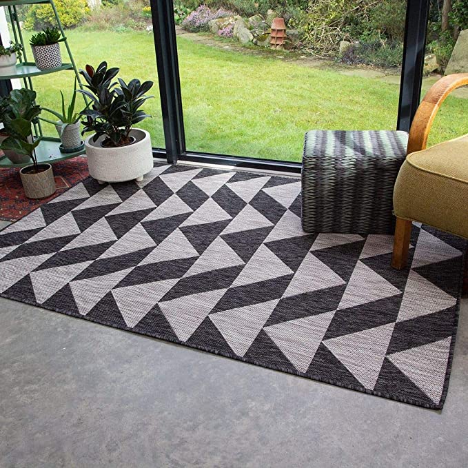 Graphite Grey Outdoor Garden Patio Flatweave Rug Washable Geometric Weather Resistant Mat Kitchen Utility Woven Rugs