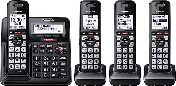 Panasonic Cordless Phone with Advanced Call Block, One-Ring Scam Alert, and 2-Way Recording with Answering Machine, 4 Handsets - KX-TGF944B (Black)