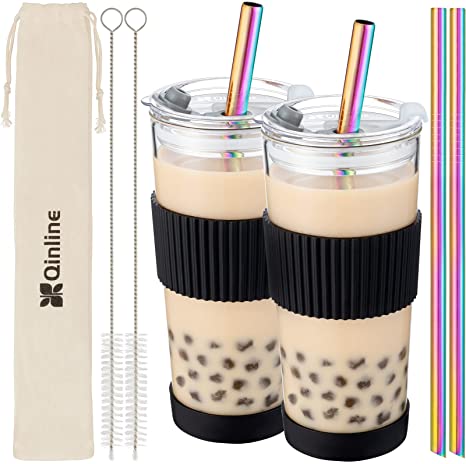 Boba Cup Reusable Smoothie Cups Bubble Tea Cup 2 Pack, 24Oz Glass Boba Tumbler with Lids & 4 Angled Straw, Silicone Sleeve, Leakproof Drinking Bottle Juicing Travel Mug for Large Pearl, Iced Coffee