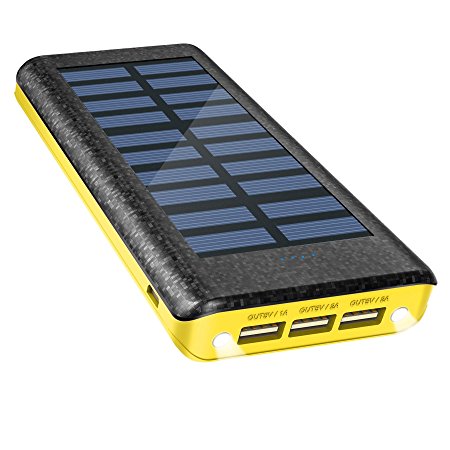 Solar Charger Power Bank 24000mAh , OLEBR portable charger big capacity external battery with high speed Input Port, 2 LED Light and 3 High Speed USB Charging Ports for iPhone, iPad, Samsung Galaxy, Android and other Smart Devices-Yellow