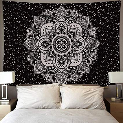 BLEUM CADE Mandala Tapestry Wall Hanging Black & Gray Wall Art Floral Decorative for Bedroom Living Room 51x59 Inches