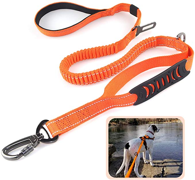 Heavy Duty Dog Leash Especially for Large Dogs Up to 150lbs, 6 Ft Reflective Dog Walking Training Shock Absorbing Bungee Leash with Car Seat Belt Buckle, 2 Padded Traffic Handle for Extra Control