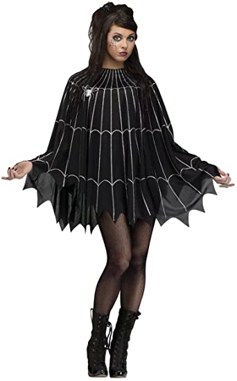 MyPartyShirt Spider Web Poncho Dress Costume Womens Black Silver Glitter Sexy Goth Fancy