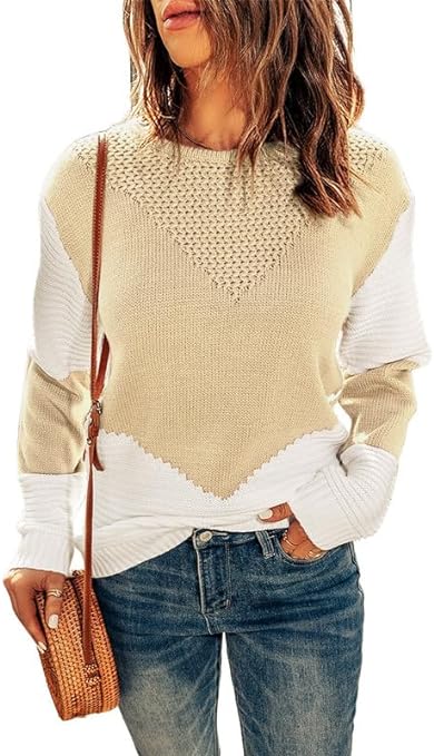 Dokotoo Womens Crochet Crewneck Long Sleeve Pullovers Color Block Tunic Ribbed Sweaters Jumper Tops