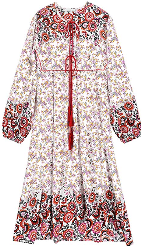 R.Vivimos Women's Long Sleeve Floral Print Retro V Neck Tassel Bohemian Midi Dresses