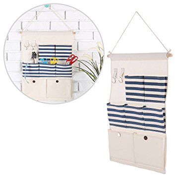 White & Blue Stripe Canvas 7-Pocket Wall Hanging Multipurpose Accessory Organizer w/ 2 Hooks - MyGift®
