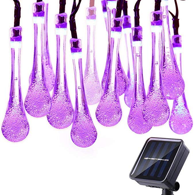 Qedertek Solar String Lights, 19.2 Ft 8 Modes 30 Water Drop LED, Solar Lights for Garden, Fence, Patio, Party and Holiday (Purple)