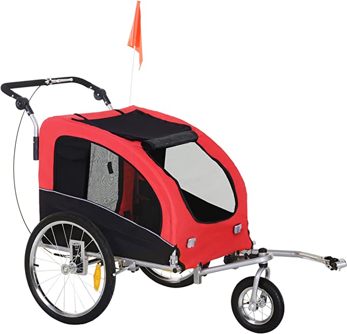 HOMCOM Remorque vélo Jogger 2 en 1 pour Animaux Drapeau Roue Avant pivotante réflecteurs et Barre d'attelage Inclus Rouge Noir