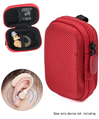 Designed Protective Case for Hearing Aid, Hearing Amplifier, Personal Sound Amplifier, Hearing Device, Listening Device, Strong Mini Case with Mesh pocket, Universal design (Ballistic Red)