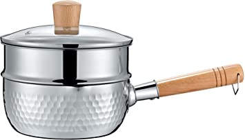 CONCORD 2 Quart Stainless Steel Yukihira Pan with Steamer. Traditional Japanese Saucepan with Wood Handle. Great for Ramen, Tempura pot, Milk, etc.