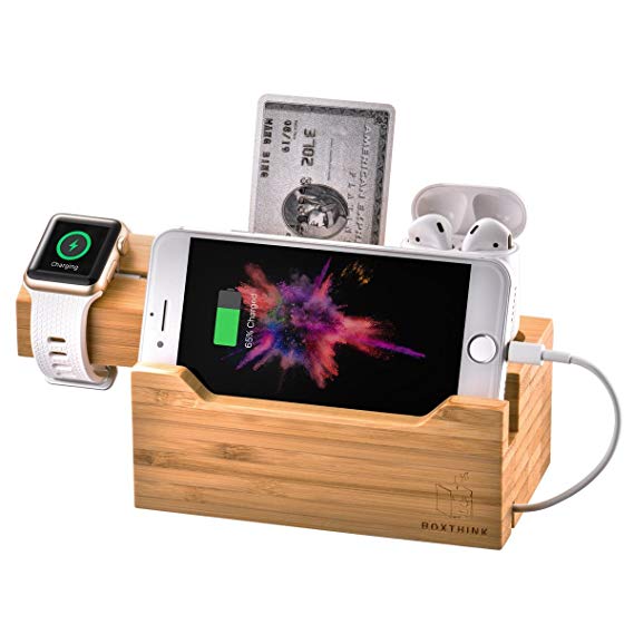 Charging Station for Apple Watches, iPhones, AirPod Apple Watch Charger Stand AirPods Charging Dock Bamboo Wood Charging Station with 3 USB Power Ports