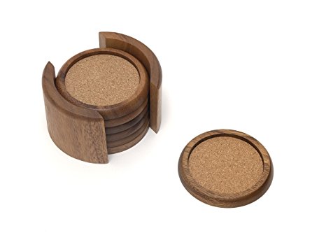 Lipper International 1036 Acacia Round with Cork Coasters and Caddy, 7-Piece Set
