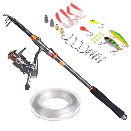 PLUSINNO® Travel Spinning FULL Fishing Rod Combos Carbon Telescopic Fishing Rod Pole with Reel Line Lures Hooks and Accessories Combo Sea Saltwater Freshwater Kit Fishing Rod Kit