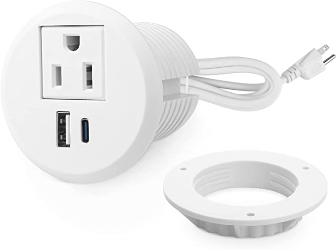 White 2 inch Desk Power Grommet Outlet, Recessed Power Strip Socket with 1 USB-A, 20W PD Fast Charging USB-C Grommet ,Connect 1 AC Plug for Furniture Conference Room Office Kitchen Table