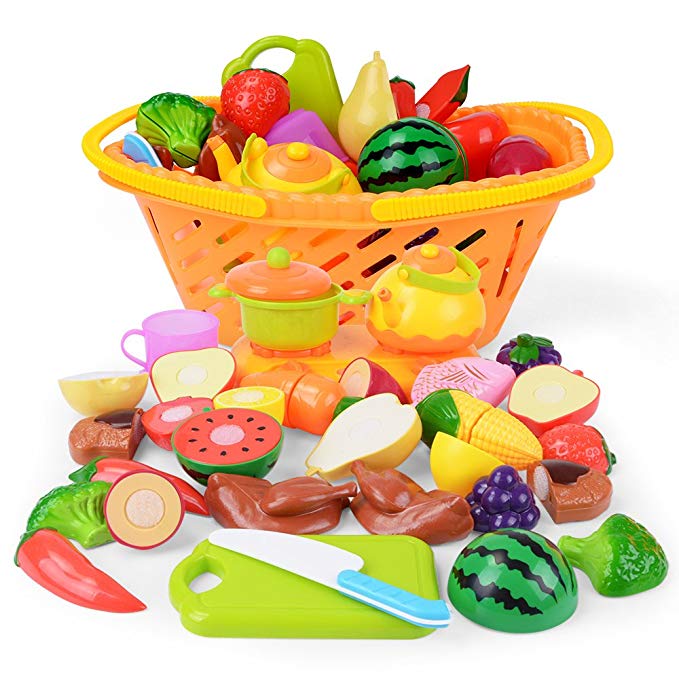 NextX Baby Toys Kitchen Pretend Play Velcro Cutting Food Set with Shopping Basket Educational Kids Toy - Gift for Boys and Girls